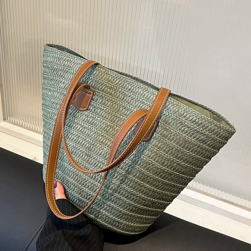 Women Braided Basket Clutches Top-handle Bag Large Straw Portable Shoulder Bag Summer Beach Party Purses Shopper Satchel Female